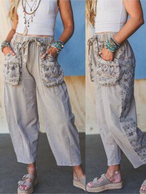 EASEL Western Boho Tribal Mineral Washed Twill Barrel Pants Lt Mocha Small NWT